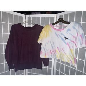 Victoria’s Secret Pink Maroon Pullover Hoodie Sweatshirt + Tie Dye Tshirt XS